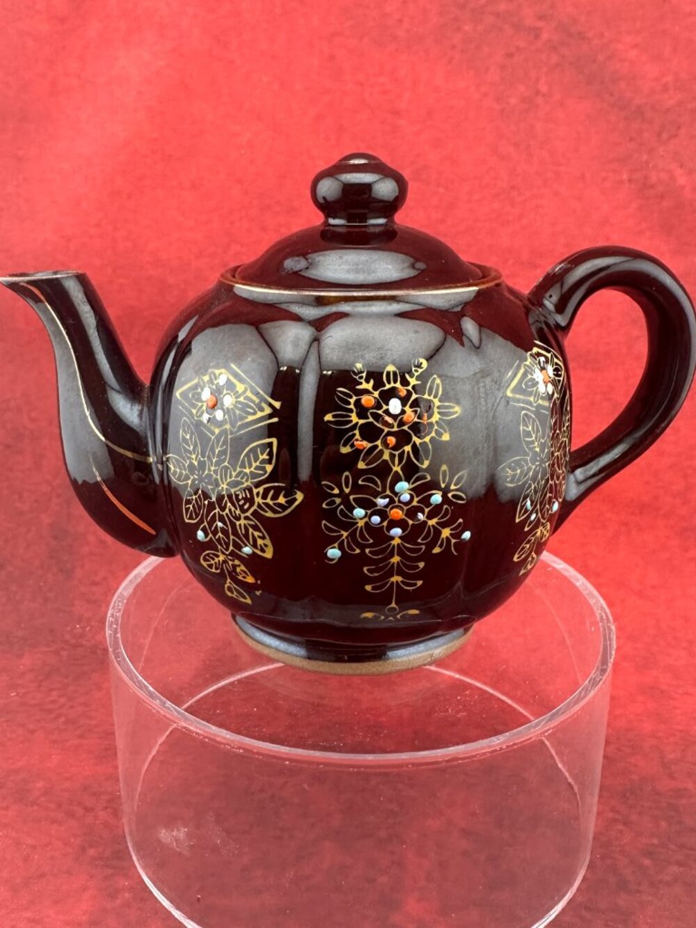 VINTAGE JAPANESE BROWN BETTY REDWARE  TEAPOT CERAMIC MORIAGE ENAMEL HAND PAINTED
